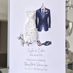 娘と義理の息子のパーソナライズされた結婚式のカード、ウェディングドレスとスーツのカード、新郎新婦のカード、ウェディングカード