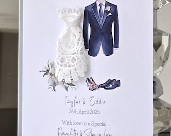 Daughter and son in law personalised wedding day card, wedding dress and suit card, bride and groom card, wedding card