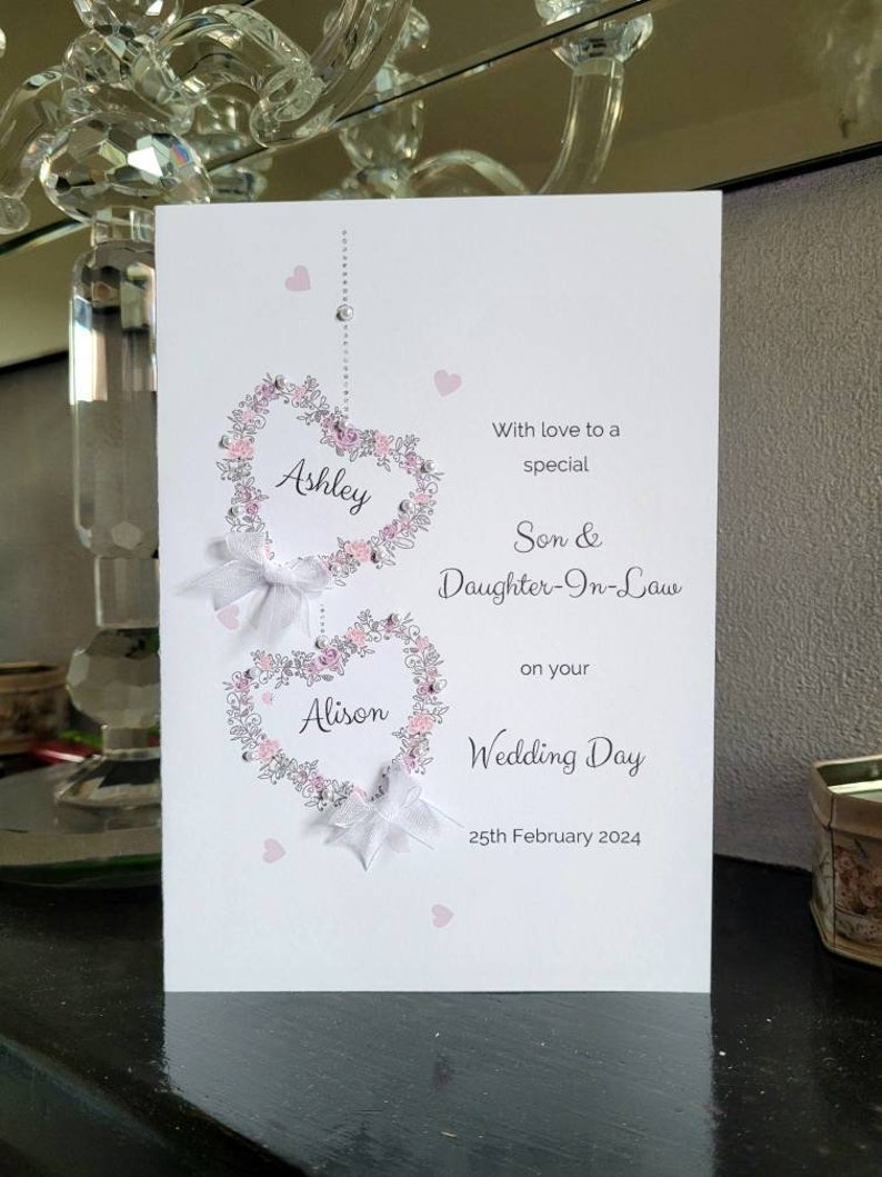 Son and daughter-in law personalised wedding day card, butterfly heart wedding card, bride and groom card, to the new mr and mrs card image 2