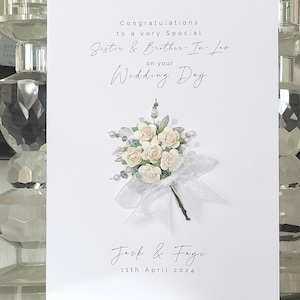 Tarjeta de boda personalizada para hermana y cuñado, tarjeta de boda con ramo de flores blancas, tarjeta para novios, tarjeta para el nuevo señor y señora