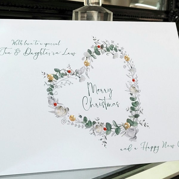 Son & daughter-in law christmas heart wreath card, christmas card, son and daughter-in-law christmas card, christmas wreath card