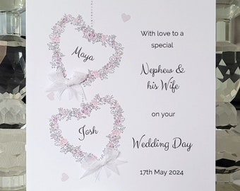 Nephew and his wife personalised wedding day card, butterfly heart wedding card, bride and groom card, to the new mr and mrs card