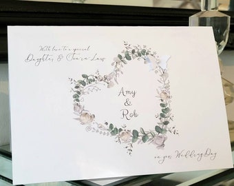 Daughter and son-in law personalised heart wedding day card, heart wreath wedding card, wedding card, to the new mr and mrs card