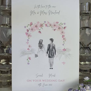 白いウェディングカード、結婚式の日カード、パーソナライズされた名前と結婚式の日付カード、新しいミスターとミセスカード