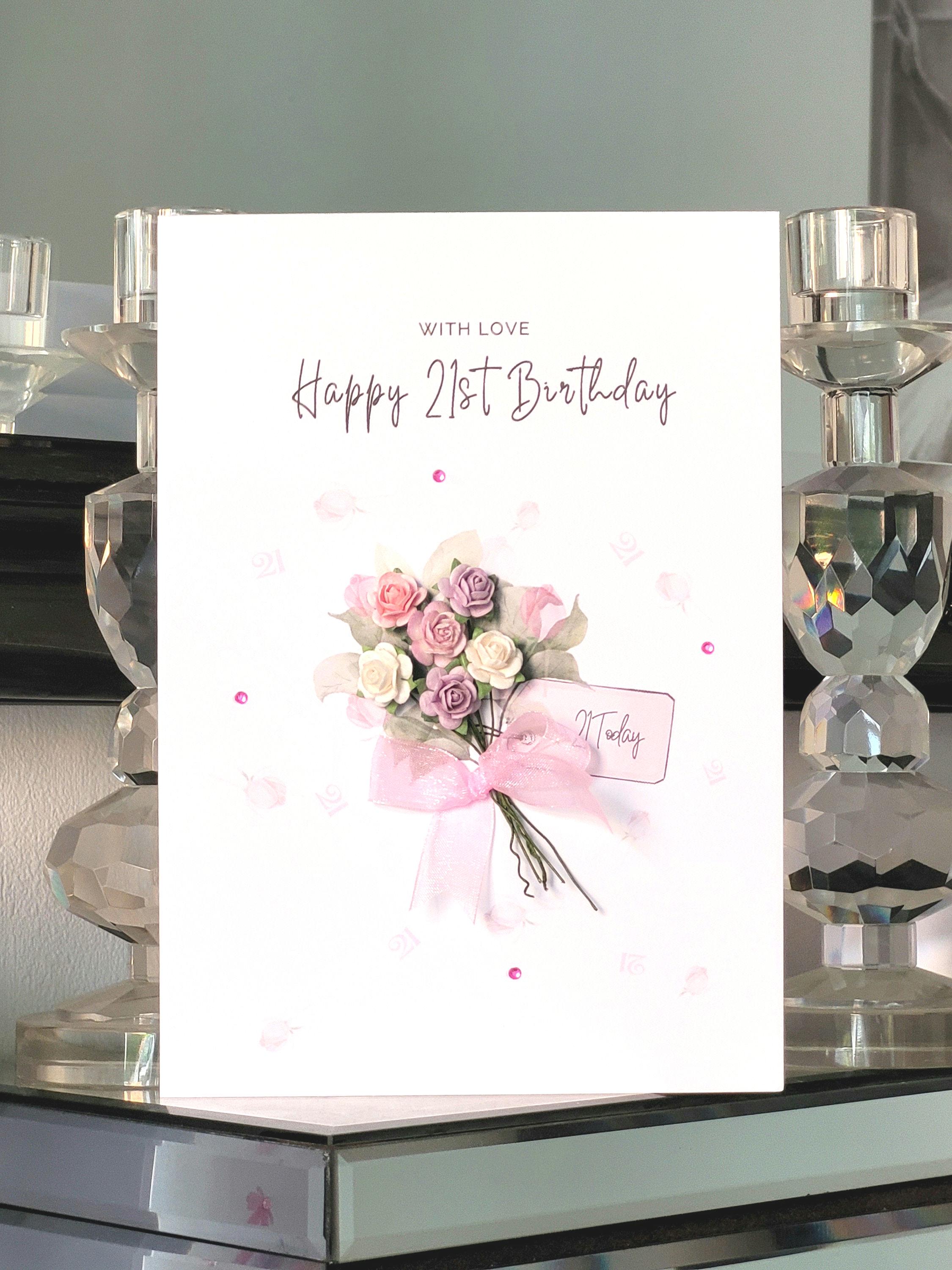 Biglietto di auguri per il 21° compleanno, bouquet di fiori di carta, dettaglio di gemme fatte a mano - Italia