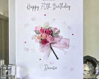 Personalised 70th Birthday Card, Pink Flower Bouquet