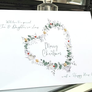 Biglietto di auguri natalizio con corona di cuori per figlio e nuora, biglietto di Natale, biglietto di auguri natalizio con corona di cuori per figlio e nuora, biglietto di auguri natalizio