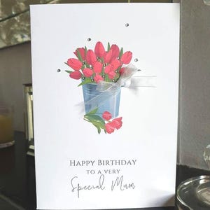 Cartão de aniversário especial para a mãe, cartão de aniversário com flores, feliz aniversário para uma mãe muito especial, cartão de aniversário para a mãe, cartão de flores e pedras brilhantes para a mãe