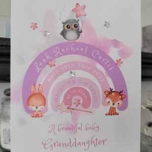 Tarjeta arcoíris personalizada de nueva nieta bebé, tarjeta de detalles de nacimiento de nueva nieta bebé, tarjeta de nacimiento de nieta bebé,