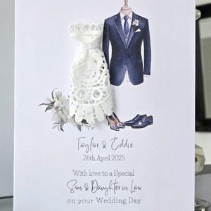 Son and daughter in law personalised wedding day card, wedding dress and suit card, bride and groom card, wedding card, mr and mrs card