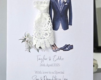 Son and daughter in law personalised wedding day card, wedding dress and suit card, bride and groom card, wedding card, mr and mrs card