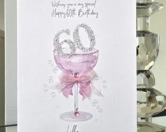 60th birthday card, personalised 60th birthday card for her, pink champagne 60th birthday card, sparkly 60th birthday card, birthday card