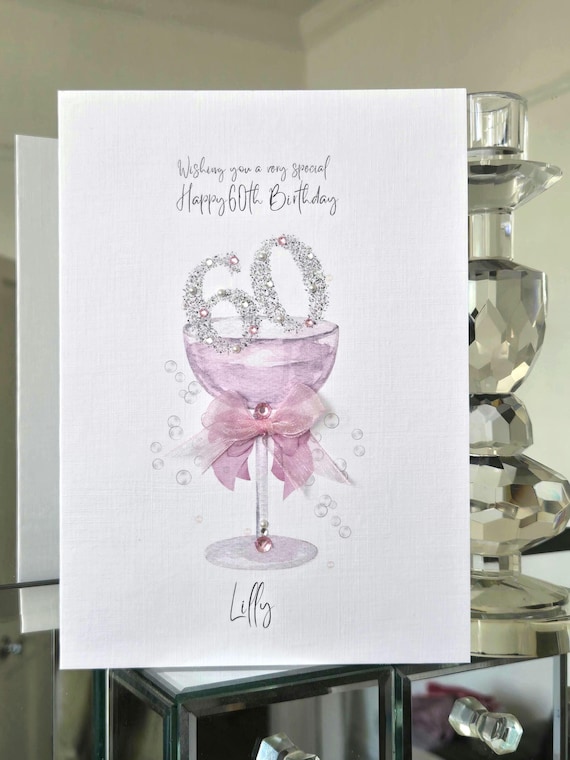 60th birthday card, personalised 60th birthday card for her, pink champagne 60th birthday card, sparkly 60th birthday card, birthday card