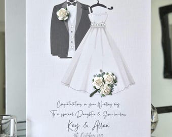 Personalized Daughter & Son-in-Law Wedding Card, 3D Flower Dress and Suit