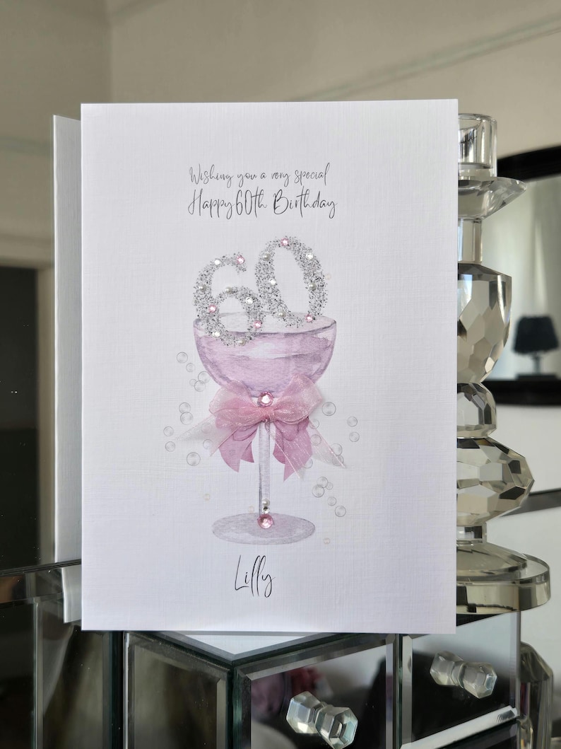 60th birthday card, personalised 60th birthday card for her, pink champagne 60th birthday card, sparkly 60th birthday card, birthday card image 3