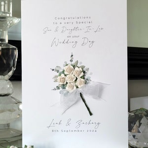 Son and daughter-in law personalised wedding day card, white flower bouquet wedding card, bride and groom card, to the new mr and mrs card with an envelope