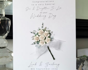 Son and daughter-in law personalised wedding day card, white flower bouquet wedding card, bride and groom card, to the new mr and mrs card