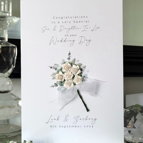 Personalisierte Hochzeitstagskarte für Sohn und Schwiegertochter, Hochzeitskarte mit weißem Blumenstrauß, Braut- und Bräutigamkarte, Karte für den neuen Herrn und die neue Frau