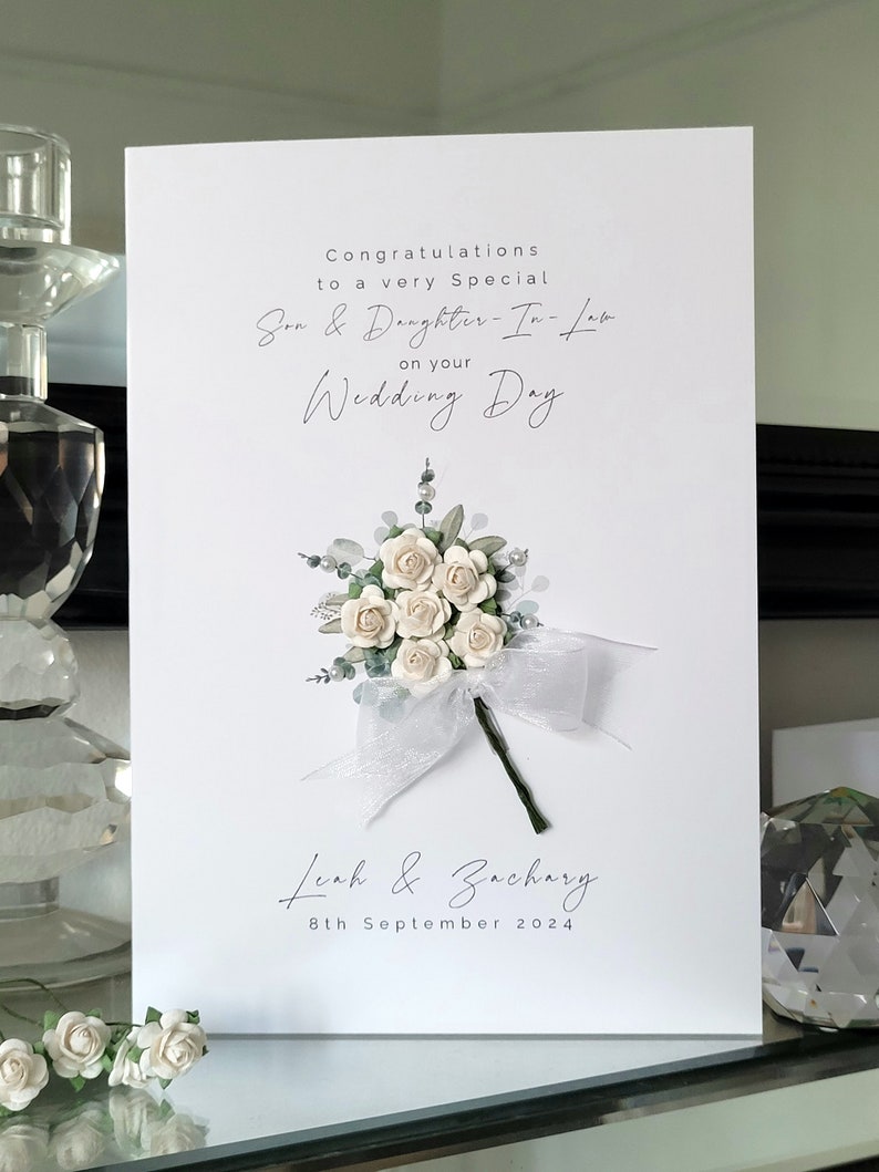 Son and daughter-in law personalised wedding day card, white flower bouquet wedding card, bride and groom card, to the new mr and mrs card with an envelope