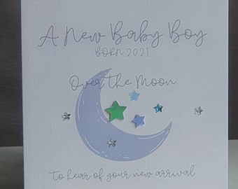 New baby boy card, baby boy moon and stars card, newborn baby card, boy card, birth of a boy card, congratulations, born in 2021 card