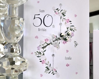 Personalized 50th Birthday Card, Floral Garland, Silver Gems