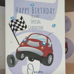 Gepersonaliseerde jongen 5e verjaardagskaart, jongen's eerste verjaardagskaart, raceauto verjaardagskaart, kleinzoon verjaardagskaart, 5e kleinzoon kaart