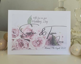 Personalised wedding day card, wedding day name and date card, wedding flowers card, wedding card, personalised names wedding card,