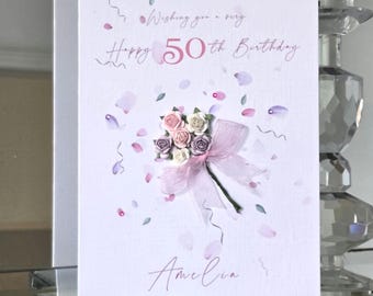 Personalised 50th Birthday Card, Handmade Paper Flower Bouquet