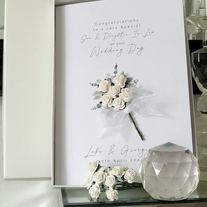 Son and daughter-in law personalised wedding day card, white flower bouquet wedding card, bride and groom card, to the new mr and mrs card with a box