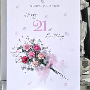 Bouquet de fleurs roses spécial carte 21e anniversaire pour femme, carte 21e anniversaire pour elle, carte 21e anniversaire, carte fleurs 21e anniversaire