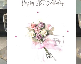 Carte d'anniversaire spéciale 21e bouquet de fleurs en papier pour femme, carte de 21e anniversaire pour elle, carte de cinquantième anniversaire, carte de 21e anniversaire de fleurs