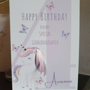 Personalised girl's 4rd birthday card, girl's forth birthday card, unicorn birthday card, granddaughter birthday card, 4th granddaughter