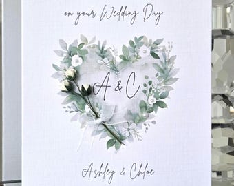 Personalized Wedding Card, Green Heart Floral, Mr & Mrs