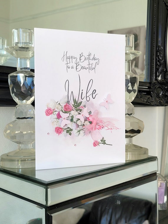 Claire Giles Greeting Cards, Happy Birthday Wife Card, Heart And Flowers Design Birthday Greeting Card, Embellished With A Fabric Butterfly - View #2