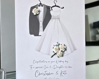 Personalized Son and Daughter-in-Law Wedding Card, 3D Flower Dress and Suit