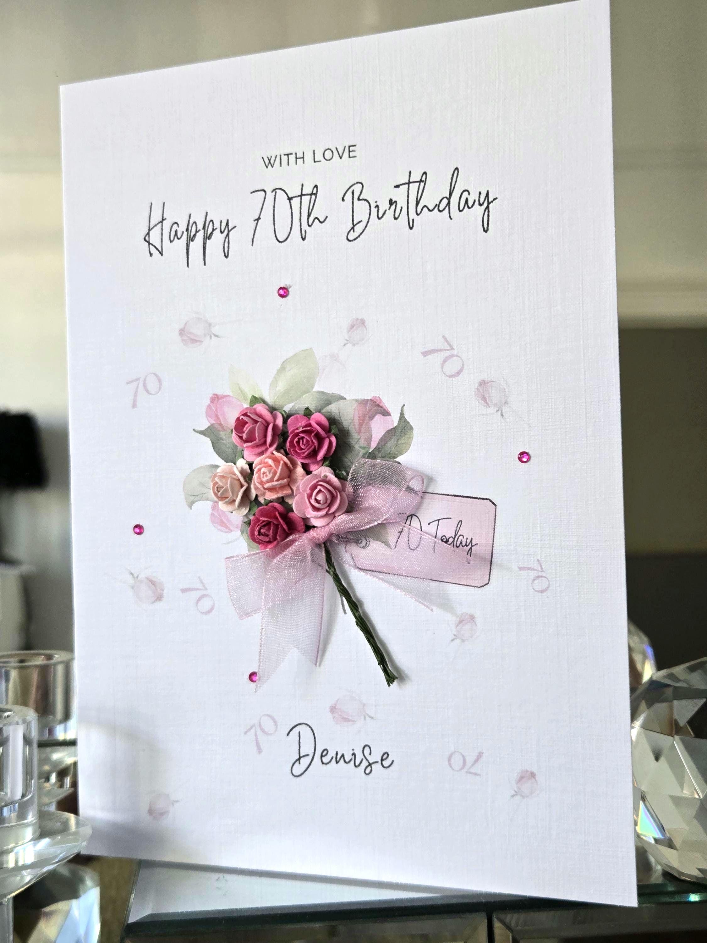 Personalised 70th Birthday Card, Pink Flower Bouquet - Etsy Australia