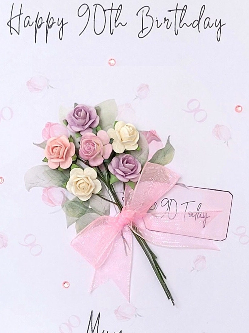 Biglietto Di Auguri 90° Compleanno Per Donna | Design Francese Con Rose E Fiori | Elegante Cartolina Per Mamma, Nonna, Zia, Amica - 2