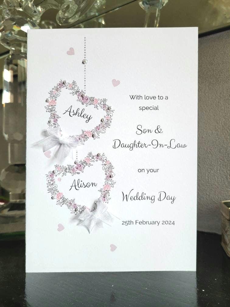 Son and daughter-in law personalised wedding day card, butterfly heart wedding card, bride and groom card, to the new mr and mrs card