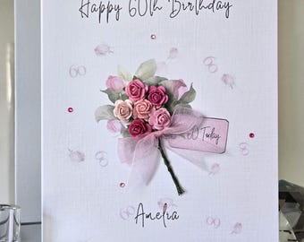 Personalised 60th Birthday Card, Pink Flower Bouquet