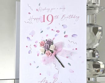 19. Geburtstag Karte, Flieder Blumenstrauß, Rosa Edelsteine