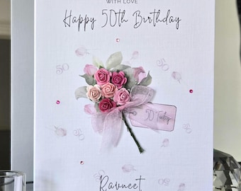 Personalised 50th Birthday Card, Pink Flower Bouquet, Linen Card