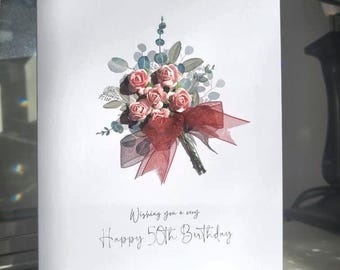 Special pink flower bouquet 50th birthday card for women, 50th birthday card for her, fiftieth birthday card, flowers 50th birthday card