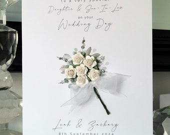 Daughter and son-in-law personalised wedding day card, white flower bouquet wedding card, bride and groom card, to the new mr and mrs card