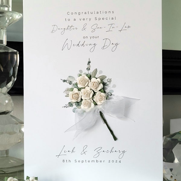 Daughter and son-in-law personalised wedding day card, white flower bouquet wedding card, bride and groom card, to the new mr and mrs card
