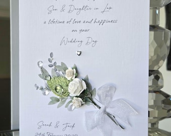 Tarjeta de boda en caja para yerno y nuera, tarjeta de boda con ramo de flores blancas, tarjeta para novios, tarjeta para el nuevo señor y señora