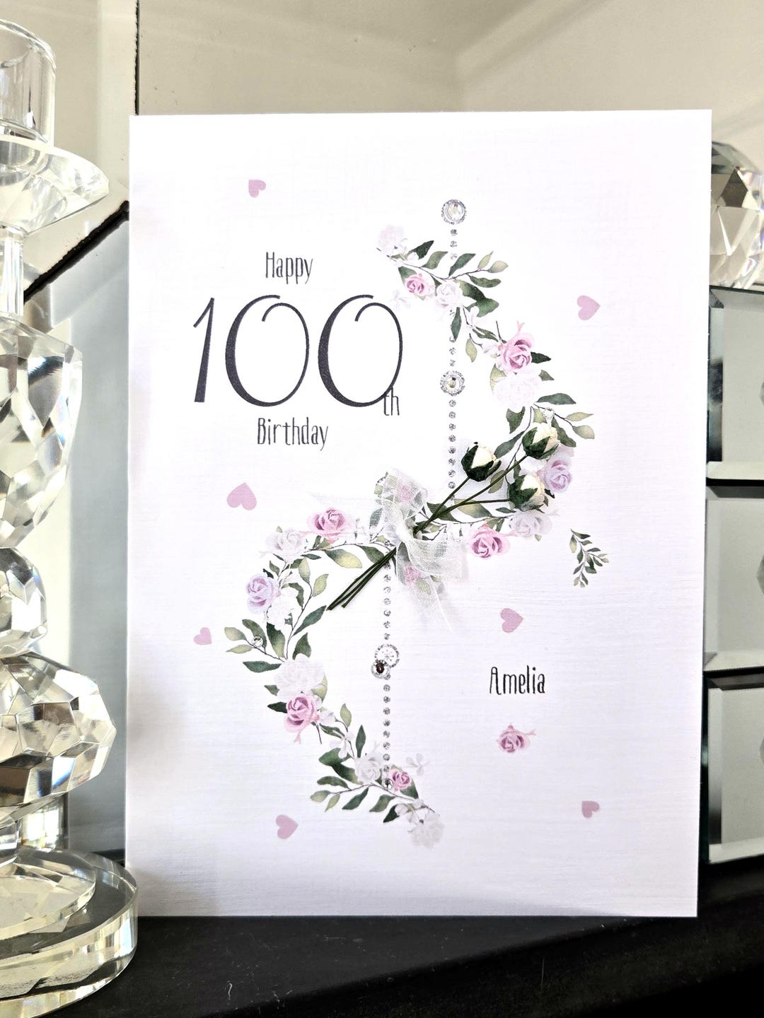 Personalized 100th Birthday Card, Floral Garland, Silver Gems - Etsy