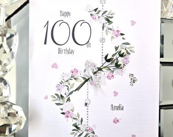 Biglietto di auguri di compleanno per 100 anni da donna – biglietti di compleanno rosa con motivi floreali per donne di 100 anni, centesimo compleanno, figlia, amica, nipote, nipote, moglie, fidanzata