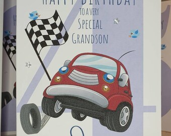 Personalized 4th Birthday Card, Racing Car Design