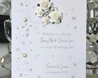 Daughter and Son in law personalised wedding day card, white flower butterfly wedding card, bride and groom card, to the new mr and mrs card