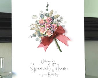 Special mum pink flower bouquet birthday card, mum birthday card, handmade bunch of flowers mum birthday card, pink flowers mum birthday car